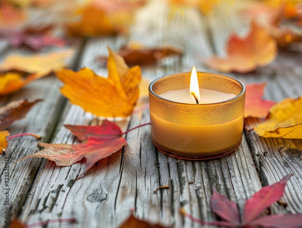 Autumn-themed candle burning among fallen leaves on a wooden background warm scene Autumn-themed candle burning among fallen leaves on a wooden background warm scene