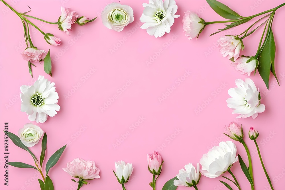 Empty flower frame made of eustoma on a pink pastel background. Greeting card template with copyspace. Springtime holidays concept. Empty flower frame made of eustoma on a pink pastel background. Greeting card template with copyspace. Springtime holidays concept.