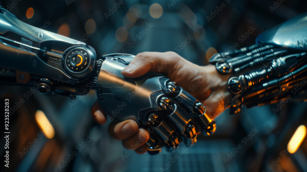 Handshake of robot and human hands on a clean dark background Handshake of robot and human hands on a clean dark background