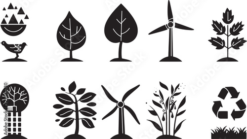 A minimalist vector icon set with a sustainable development, nature protection, eco-technology, and green living .icons in black and white style with isolated on white