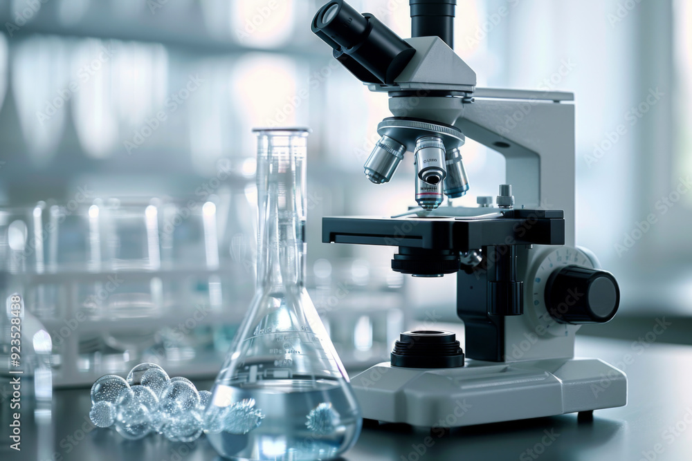Microscope and test tubes on table, on color background Microscope and test tubes on table, on color background