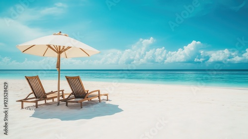 Beach chairs and umbrella on the white sand beach