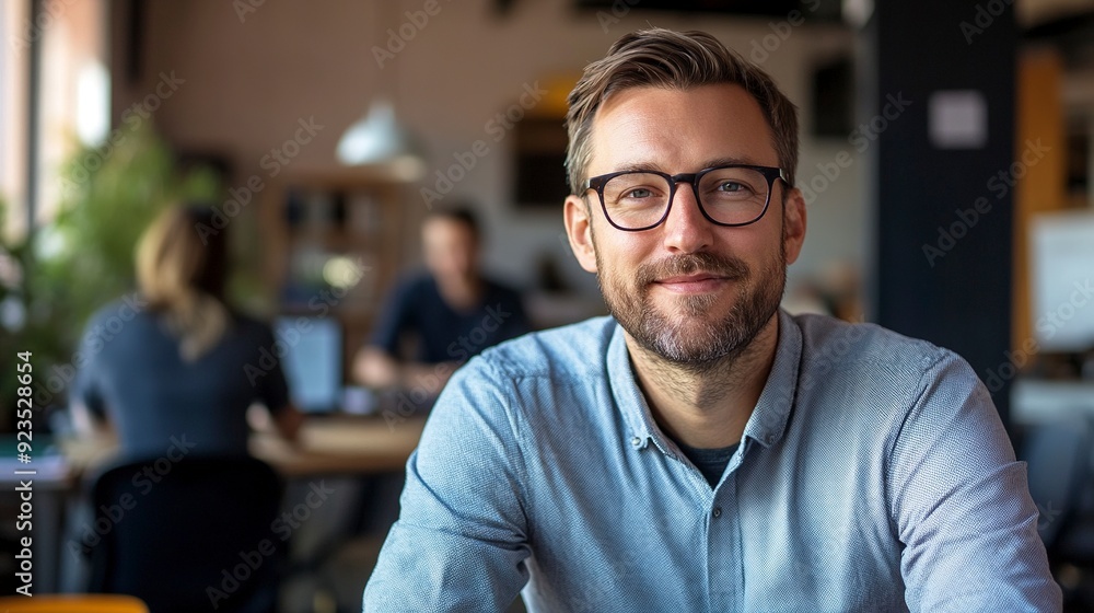 Portrait of a business man sitting in an office with his colleagues in the background. Happy business man working in a co-working office. Generative ai Portrait of a business man sitting in an office with his colleagues in the background. Happy business man working in a co-working office. Generative ai