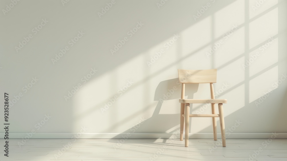 A wooden chair is sitting in front of a white wall A wooden chair is sitting in front of a white wall
