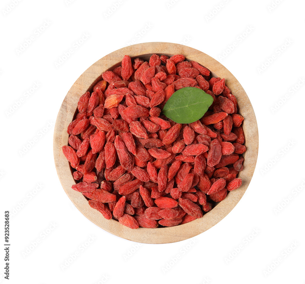 Dried goji berries in bowl isolated on white, top view Dried goji berries in bowl isolated on white, top view
