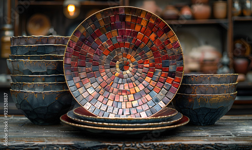 Mosaicstyle image of vibrant iridescent dishware exuding opulence and luxury
 photo