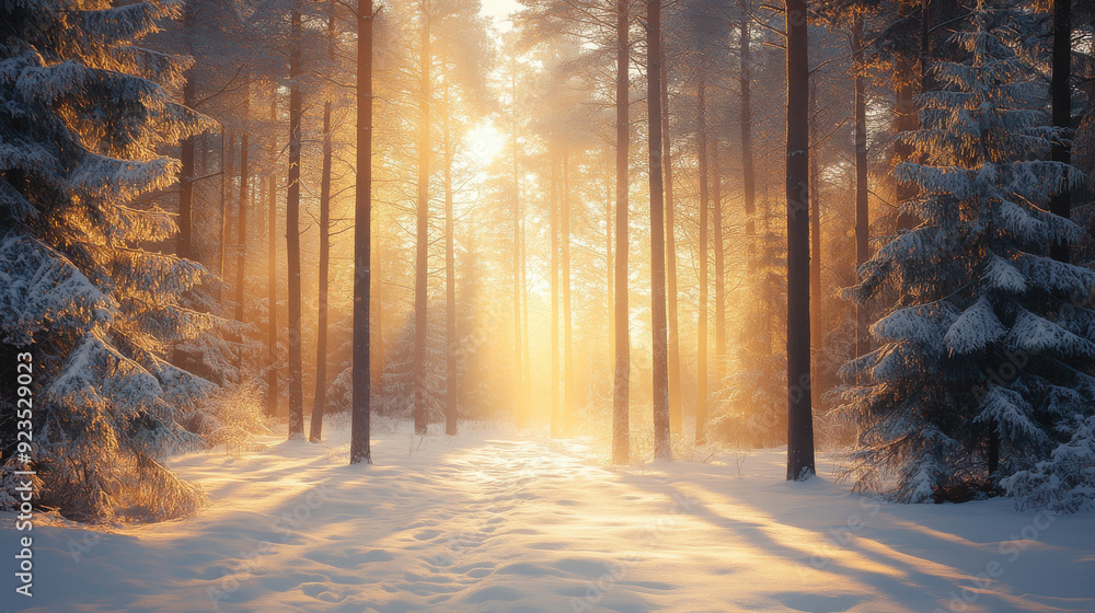 Snow-covered forest with tall pine trees and golden sunlight filtering through, creating a serene winter wonderland. Snow-covered forest with tall pine trees and golden sunlight filtering through, creating a serene winter wonderland.