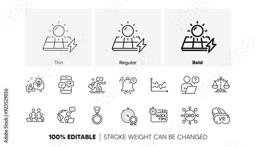 Dao, Competition and Phone survey line icons. Pack of Vr, Diagram chart, Quick tips icon. Best result, Justice scales, Reminder pictogram. Online question, Teamwork, Idea. Medal. Line icons. Vector