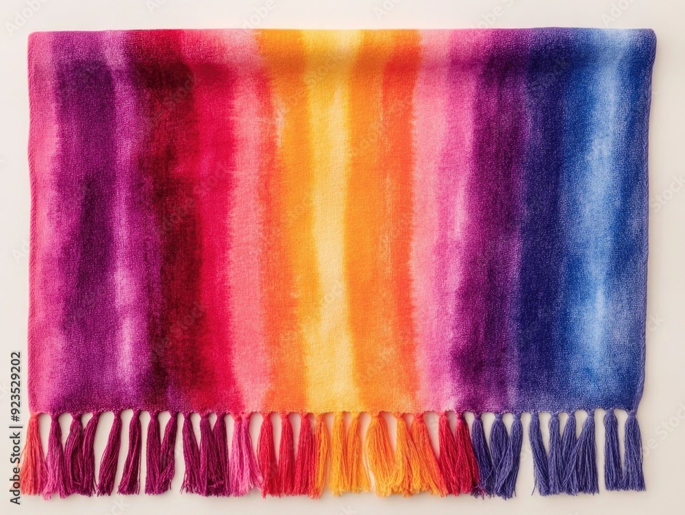 Obraz premium Groovy retro tie dye beach towel with colorful fringed edges in a vibrant playful watercolor style This design evokes a joyful summery and modern vibe perfect for tropical beach themed