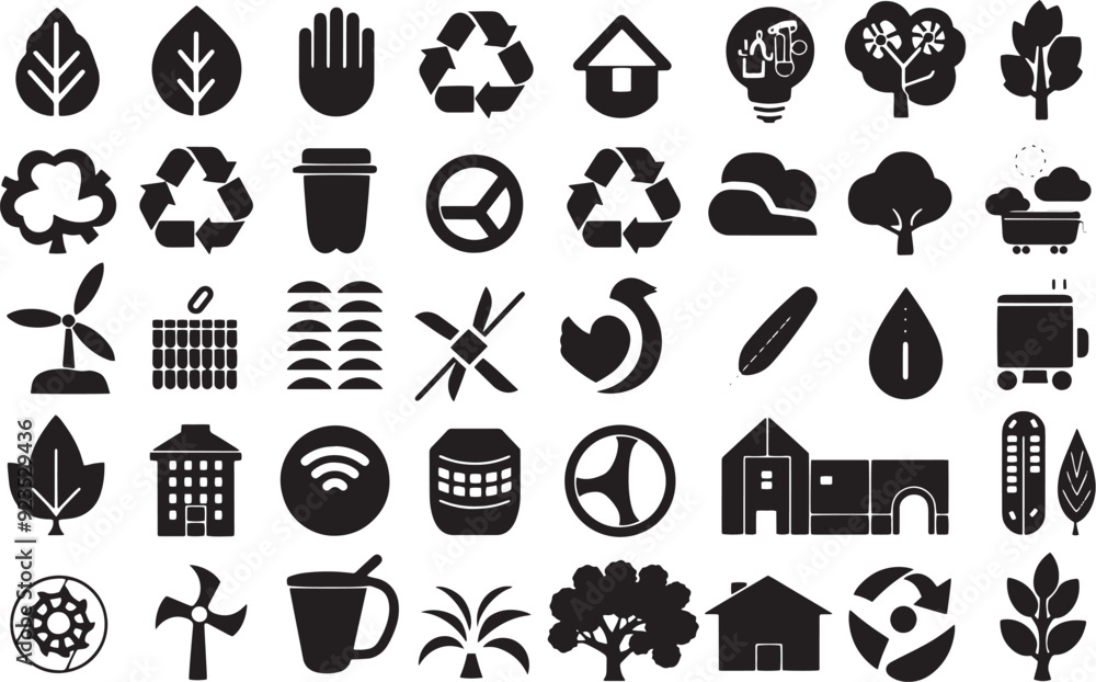 Obraz premium A minimalist vector icon set with a sustainable development, nature protection, eco-technology, and green living .icons in black and white style with isolated on white