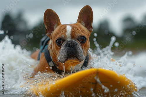 French Bulldog Surfing in Ocean Waves at Beach During Cloudy Afternoon photo