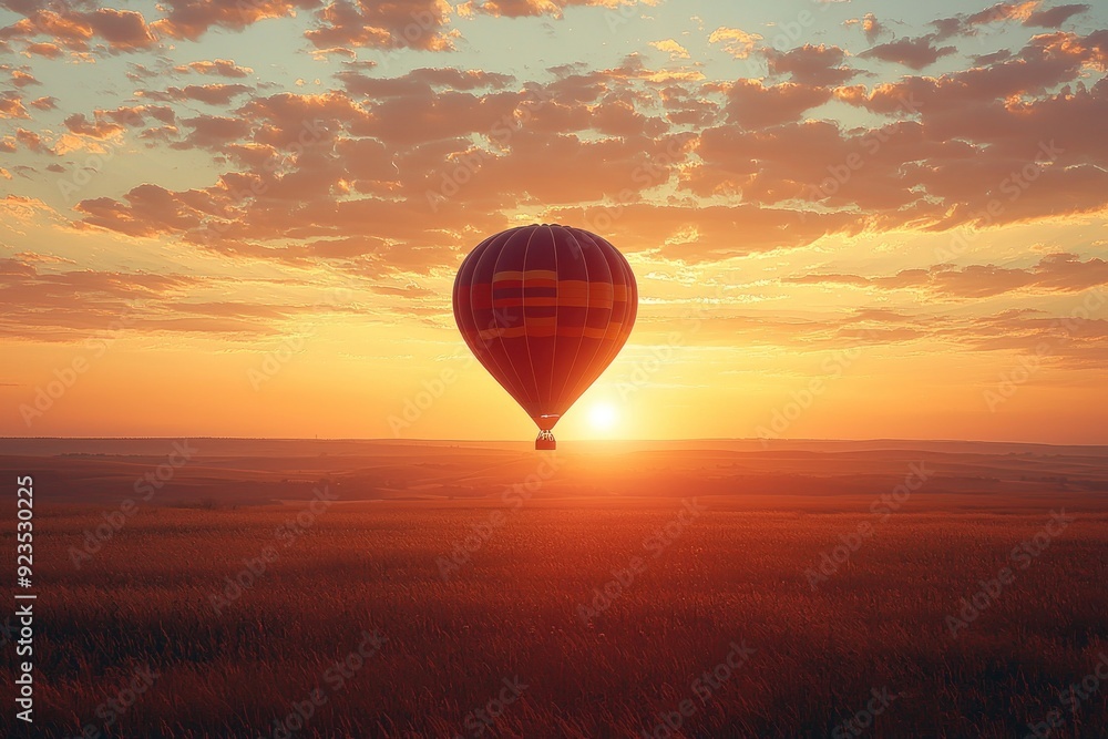 Obraz premium Silhouette of a hot air balloon against a radiant sunlit sky. The horizon showcases vivid colors from the sun's rays, creating a striking contrast between the balloon and the warm glow. The clear sky