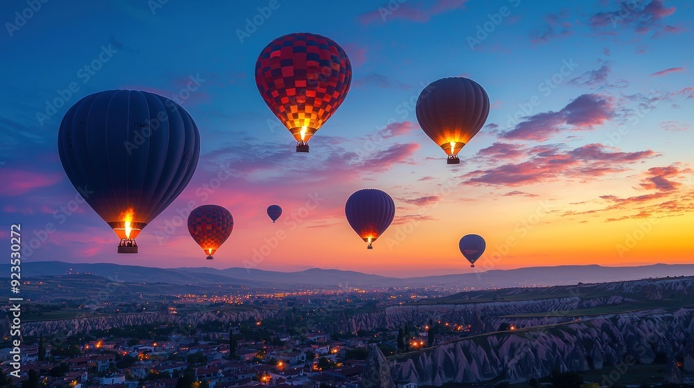 Fototapeta premium Silhouette of several hot air balloons ascending into the early morning sky. The sun first light creates soft pastels in the atmosphere, framing the scene with tranquility and beauty. The balloons