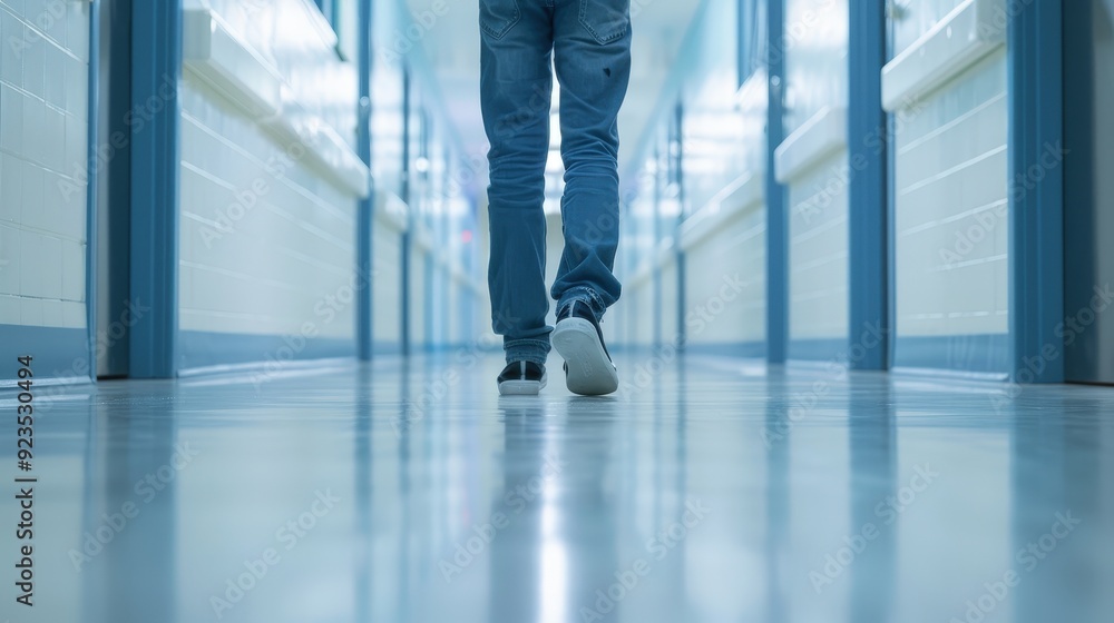 A person is walking down a hallway in a school A person is walking down a hallway in a school