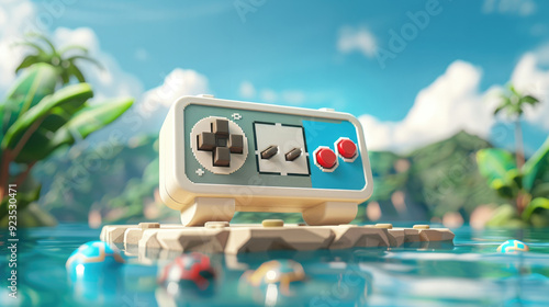 Vintage gaming controller on a small island in a tropical sea, vibrant palm trees and mountains in the background, evoking nostalgia for classic video games. photo