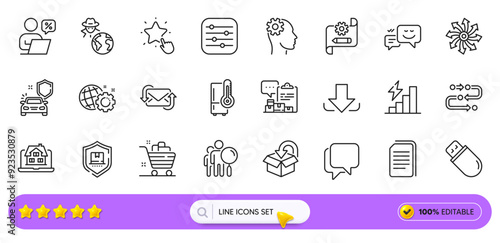 Methodology, Versatile and Fraud line icons for web app. Pack of Car secure, Engineering, Usb stick pictogram icons. Happy emotion, Refresh mail, Talk bubble signs. Filter, Search people. Vector