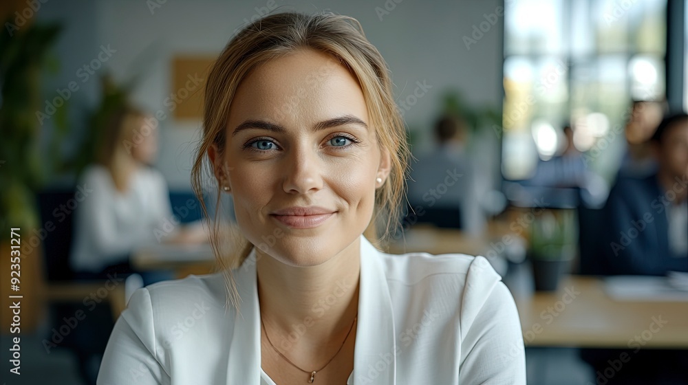 Portrait of a business woman sitting in an office with his colleagues in the background. Happy business woman working in a co-working office. Generative ai Portrait of a business woman sitting in an office with his colleagues in the background. Happy business woman working in a co-working office. Generative ai