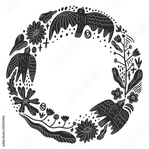 Floral frame with birds, flowers, leaves and more elements set. Black and white monochrome folk bird tribal boho patterned animal in Scandinavian cottagecore style, botanical ornament. Hygge, lagom