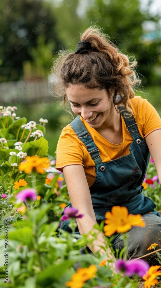 A joyful woman cultivates colorful flowers in a lush garden on a bright summer day A joyful woman cultivates colorful flowers in a lush garden on a bright summer day
