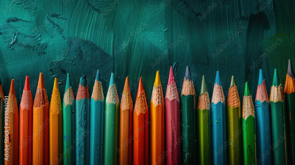 Colorful sharpened pencils are lined up on the table. Colorful sharpened pencils are lined up on the table.