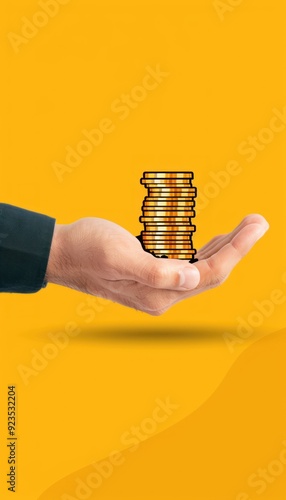 Hand holding coins, deposit confirmation, flat design illustration