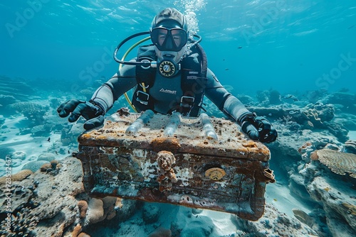 Fototapeta Naklejka Na Ścianę i Meble -  Diver Discovering an Antique Chest Underwater Near Coral Reef in Bright Tropical Waters