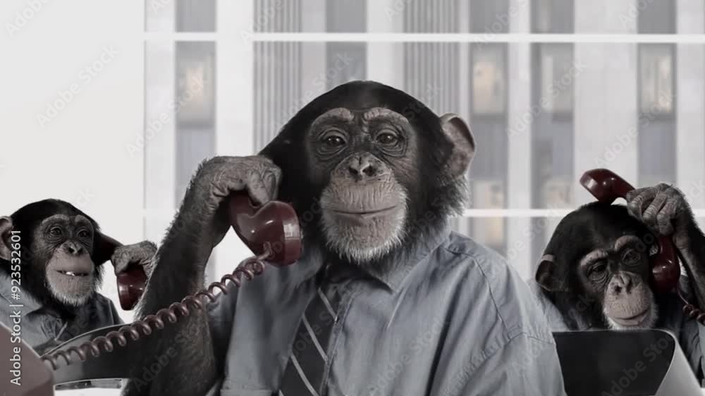 A group of chimpanzees in business attire humorously mimic the chaos of office life, holding vintage rotary phones and appearing deeply engaged in serious tasks. A group of chimpanzees in business attire humorously mimic the chaos of office life, holding vintage rotary phones and appearing deeply engaged in serious tasks.