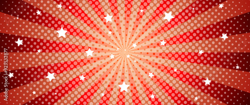 Pop art red and orange vintage comic magazine cover with sun rays and stars. Cartoon vector halftone template. Pop Art illustration with halftone dots and rays. Red explosion rays background