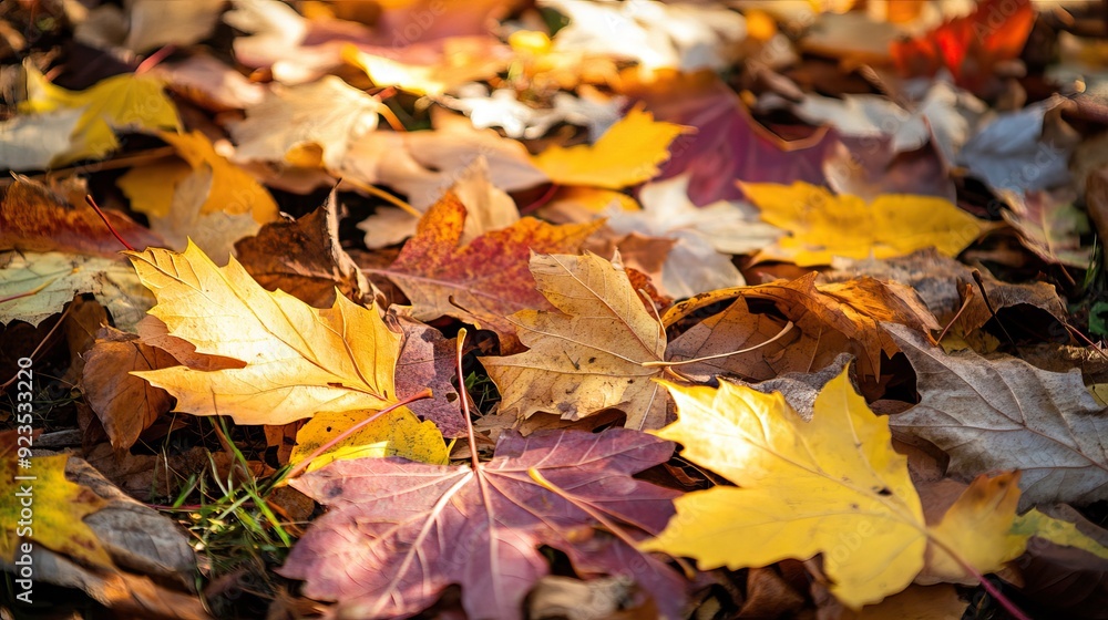 Close-Up of Colorful Autumn Leaves with Warm Sunlight and Soft Shadows. AI generated illustration Close-Up of Colorful Autumn Leaves with Warm Sunlight and Soft Shadows. AI generated illustration