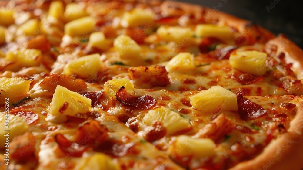 Closeup macro view of fresh pineapple pizza closeup view Closeup macro view of fresh pineapple pizza closeup view