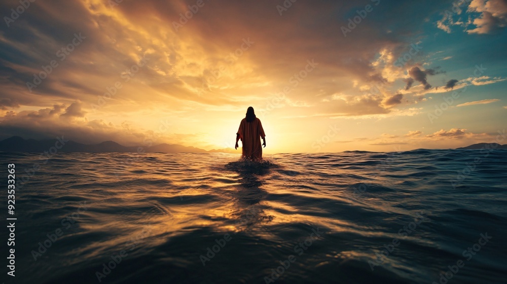 Fototapeta premium Person walking on water during sunset
