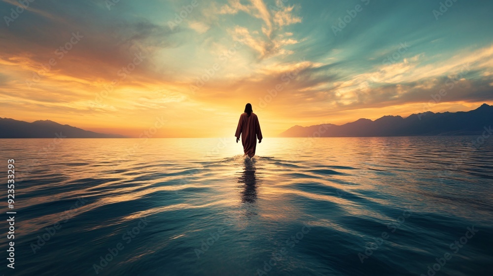 Person Walking on Water at Sunset Person Walking on Water at Sunset