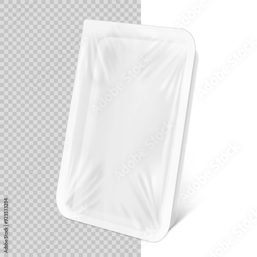 Clear tray container mockup. Vector illustration isolated on white and transparent background. Layered template file easy to use for your promo product: meat of animals, chicken, fish. EPS10.