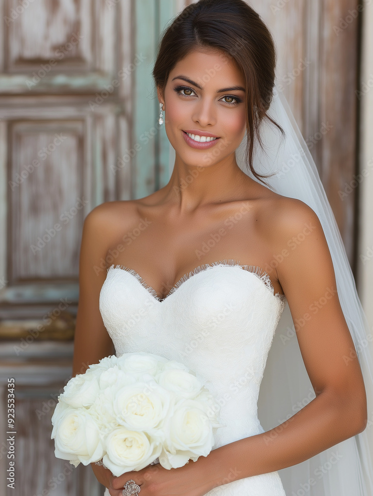 beautiful bride in a white wedding dress, holding a bridal bouquet, in front of a vintage church door. generative ai beautiful bride in a white wedding dress, holding a bridal bouquet, in front of a vintage church door. generative ai
