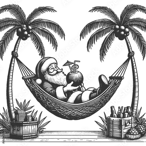 Santa Claus relaxing in hammock between palm trees, holding coconut drink, enjoying a tropical beach sketch engraving generative ai vector illustration. Scratch board imitation. Black and white image.