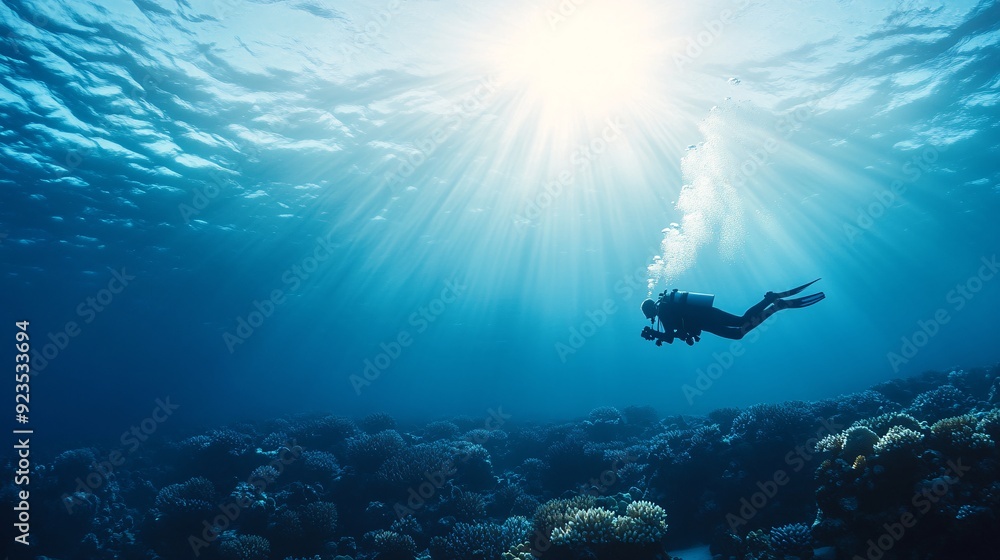 Obraz premium Scuba Diver Exploring Coral Reef Under Sunlight Rays