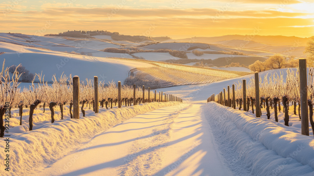 Snow-covered vineyards on rolling hills, with the golden light of a setting sun creating long shadows. Snow-covered vineyards on rolling hills, with the golden light of a setting sun creating long shadows.