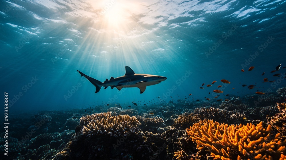 Naklejka premium Shark Swimming Over Coral Reef Underwater