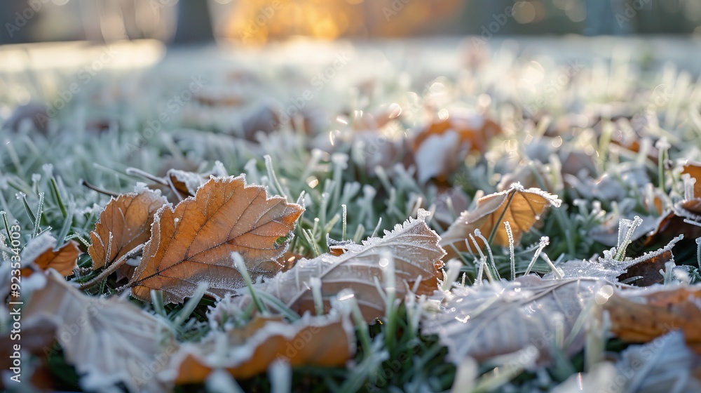 Fallen leaves with frost on a grassy surface cold and frosty winter morning Fallen leaves with frost on a grassy surface cold and frosty winter morning