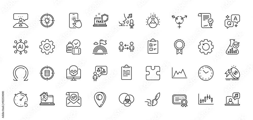 Music, Chemistry lab and Idea line icons pack. AI, Question and Answer, Map pin icons. Candlestick graph, Certificate, Recovery gear web icon. Confirmed mail, Interview job, Execute pictogram. Vector Music, Chemistry lab and Idea line icons pack. AI, Question and Answer, Map pin icons. Candlestick graph, Certificate, Recovery gear web icon. Confirmed mail, Interview job, Execute pictogram. Vector