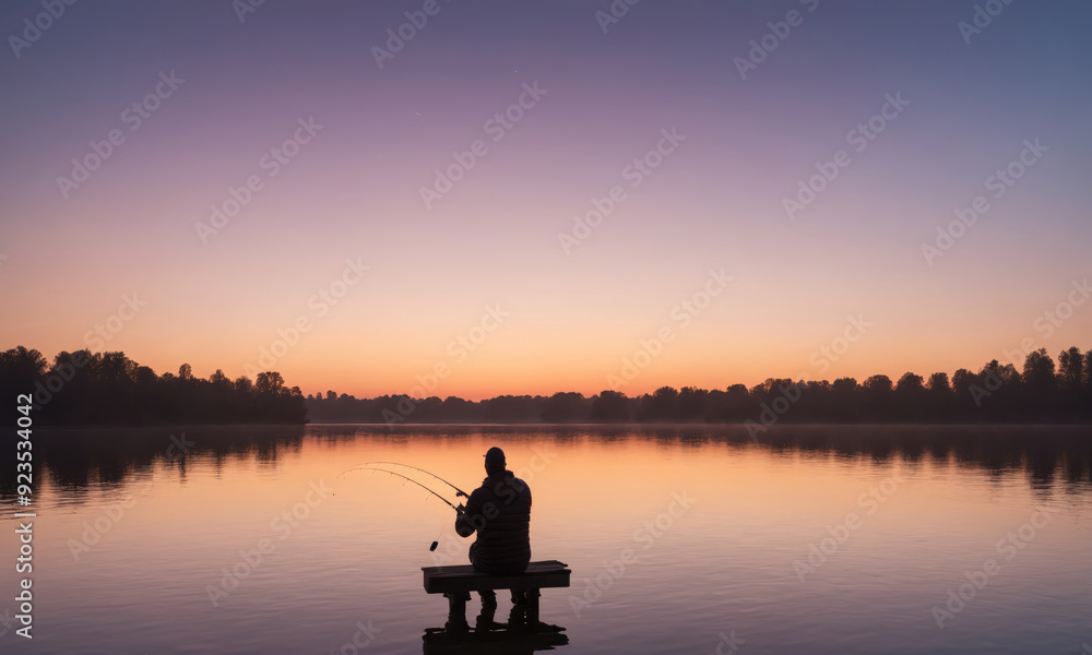 Tranquil Dawn Fishing Experience Near Serene Lake at Sunrise Tranquil Dawn Fishing Experience Near Serene Lake at Sunrise