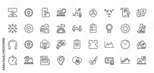 Music, Chemistry lab and Idea line icons pack. AI, Question and Answer, Map pin icons. Candlestick graph, Certificate, Recovery gear web icon. Confirmed mail, Interview job, Execute pictogram. Vector