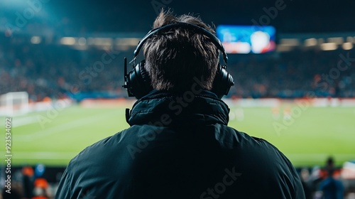 Sports Commentator Wearing Headphones at Soccer Match photo