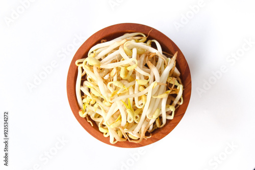 Kecambah or Sprouts From Mung Beans in Wooden Bowl, Made From Sprouting Beans isolated on white background. Top View