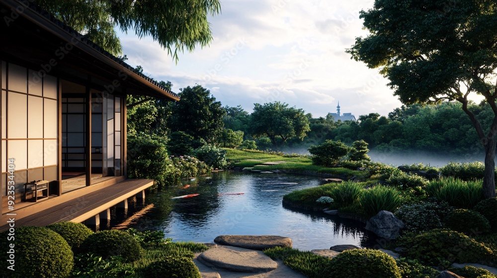 Obraz premium Traditional Japanese Garden with Pond and Teahouse