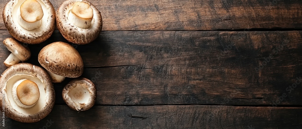 Mushrooms Arranged on Rustic Wooden Surface Mushrooms Arranged on Rustic Wooden Surface