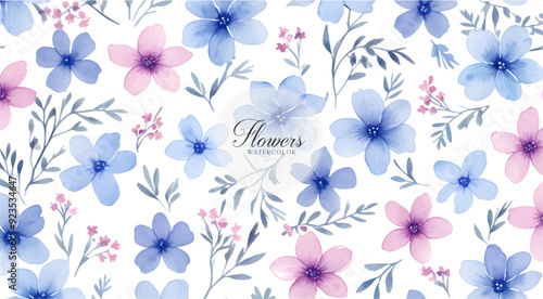 Elegant Blue Floral Print Delicate Wild Flowers On Seamless Natural Texture Design Background	
