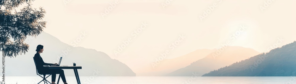 A person working remotely in a peaceful outdoor setting, embracing the flexibility while experiencing solitude away from colleagues A person working remotely in a peaceful outdoor setting, embracing the flexibility while experiencing solitude away from colleagues