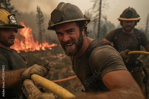 Three firefighters, with determined expressions, work together to control a blazing forest fire, reflecting the intense bravery, teamwork, and dedication of these frontline heroes. photo