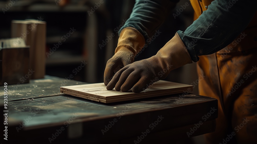 A hands wearing white work gloves working on a wooden board with tools. A hands wearing white work gloves working on a wooden board with tools.